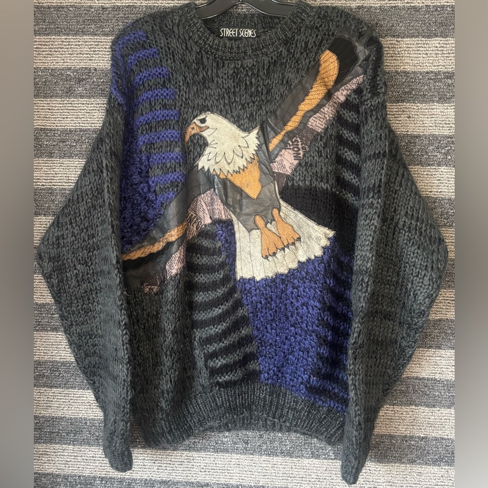 Vintage 90’s Street Scenes Leather Patch Eagle Charcoal Crewneck Sweater Medium